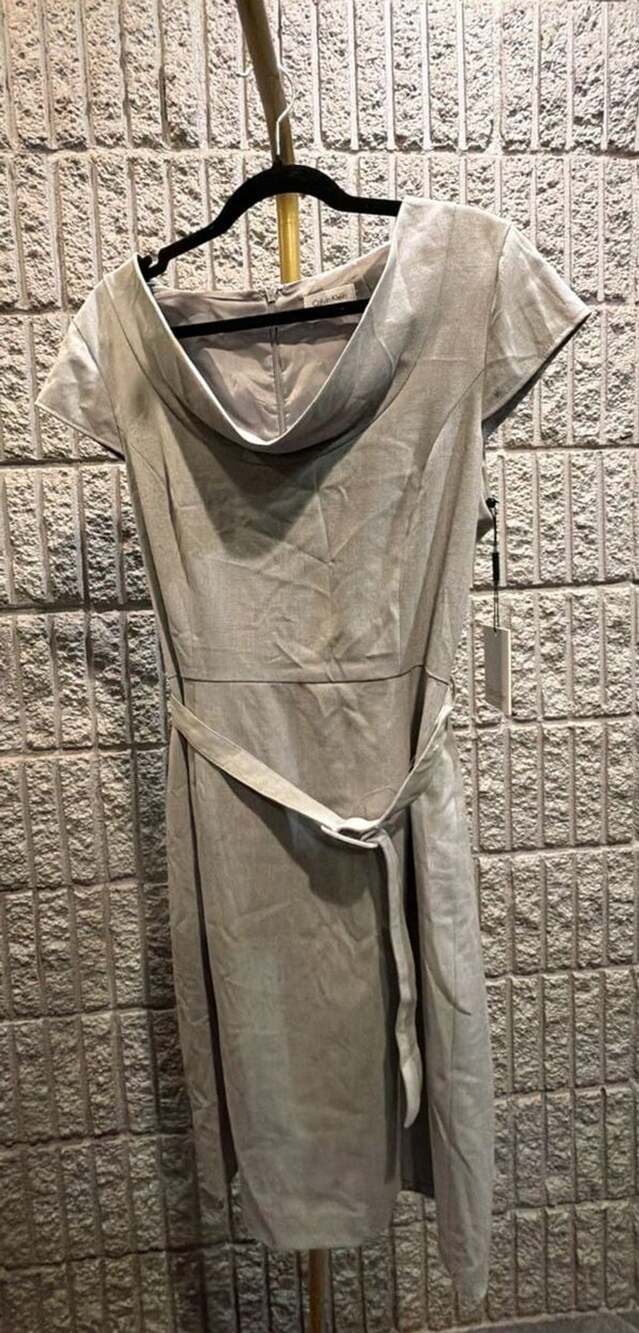 646 Calvin Klein Cowl Neck Sheath Dress Size 12 Grey Belted